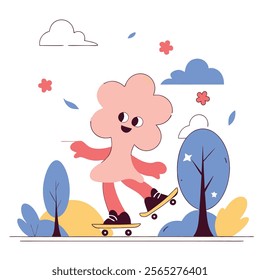 A vector illustration of a retro-style cartoon tree character skateboarding. Perfect for websites, blogs, children's books, apparel, and other projects needing a fun, whimsical, and vintage feel.