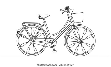 Vector illustration of a retro-style city bicycle with basket and carrier, drawn in a modern continuous single line art style. Ideal for eco-friendly transport, urban lifestyle, and healthy recreation concepts.