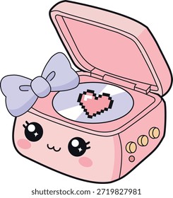 Ilustración vectorial de una mascota de estilo retro de reproductor de discos en tonos rosa y verde menta, con una cara sonriente y Elementos de corazón flotante. Diseño de personajes con temas musicales de Profesional con un disco de vinilo giratorio, ideal para activos digitales nostálgicos, gráficos románticos de redes sociales y patrones decorativos con temas de audio.