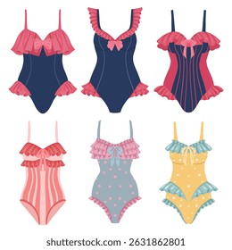 Vector illustration of retro-style ruffled swimsuits. Use for fashion prints, kids' apparel, or summer-themed projects. Flat cartoon style in navy, pink, and pastel tones.