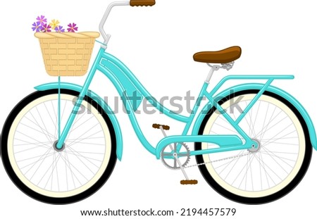 Vector illustration of a retro-styled, teal-colored cruiser bicycle with a basket filled with wildflowers.