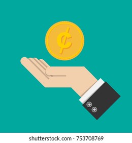 vector illustration. return of an investment. gold coin with sign of Canadian dollars money currency on hand, palm of businessman. invest growth,finance plan, personal management, investment portfolio