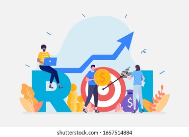 Vector Illustration, Return on investment ROI Concept, Showing people managing financial and profit income, Suitable for landing page, UI, web, App intro card, editorial, flyer,and banner