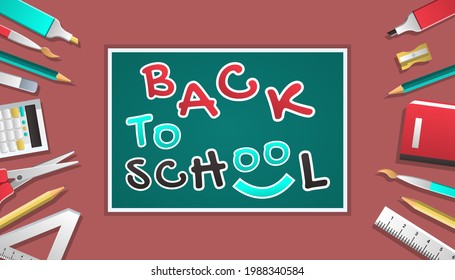 Vector illustration of returning to school.School elements, accessories on a bright brown background.Creative, funny text. Design for banners, covers,posters, websites, and advertising materials.