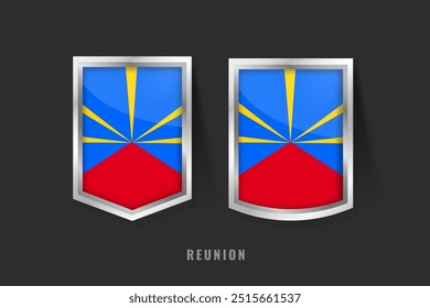 Ilustración vectorial del logotipo de la etiqueta REUNION. REUNION Signo de Insignia REUNION Con Bandera, Plantilla de Anuncios de Etiqueta de Producto reunible.