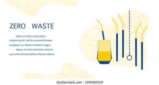 Vector illustration Reusable cocktail straws, brush for cleaning straws, glass Waste management concept. Choosing eco friendly lifestyle, using reusable products Design for website, print presentation