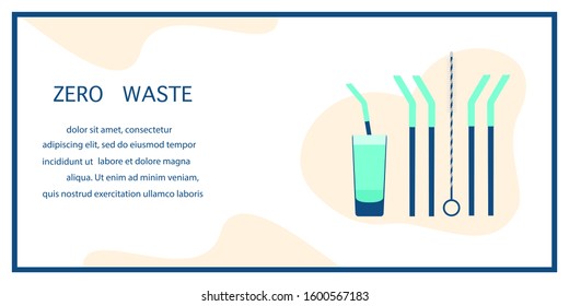 Vector illustration Reusable cocktail straws, brush for cleaning straws, glass Waste management concept. Choosing eco friendly lifestyle, using reusable products Design for website, print presentation