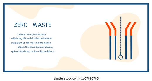 Vector illustration Reusable cocktail straws, brush for cleaning straws. Waste management concept. Choosing eco friendly lifestyle, using reusable products Design for website, print presentation