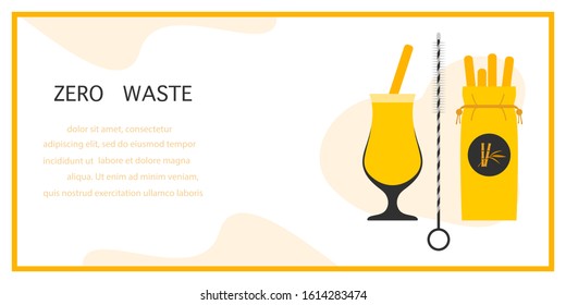 Vector illustration Reusable cocktail straws, brush for cleaning straws, eco fabric case, glass. Waste management concept. Choosing eco friendly lifestyle, using reusable products Design for print