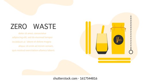 Vector illustration Reusable cocktail straws, brush for cleaning straws, eco fabric case, glass. Waste management concept. Choosing eco friendly lifestyle, using reusable products Design for print