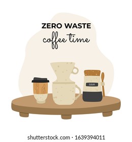 Vector illustration reusable coffee cup, coffee filter and sugar bowl, on a wooden tray. Abstract background. Zero waste