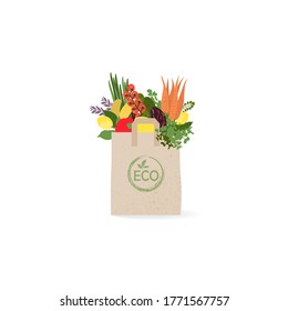 Vector illustration reusable grocery eco bag with vegetables isolated from white background.