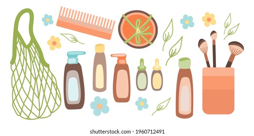 Vector illustration of reusable items for storing cosmetics and hygiene products, shopping bag. Eco friendly, go green, save the planet concept.