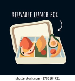 Vector illustration of a reusable lunch box with vegetables and fruits. Clip art, sticker, patch, illustration in trendy flat style. On dark in isolation with a signature.