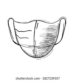 vector illustration of a reusable medical mask in sketch style. Black and white protective bandage for coronavirus pandemic. Antibacterial  protection for social distance. Hand drawn black liner 