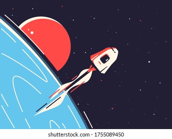 Vector illustration of a reusable spacecraft entering into orbit around the planet.