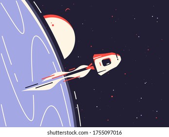 Vector illustration of a reusable spacecraft entering into orbit around the planet.