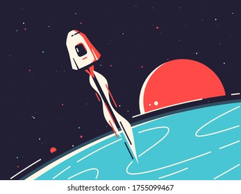 Vector illustration of a reusable spacecraft entering into orbit around the planet.