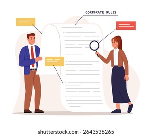 Vector illustration of reviewing corporate rules. Cartoon scene business guy and girl through magnifying glass read letter with rules, isolated on white background. Principles, work instructions.