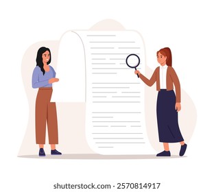 Vector illustration of reviewing resume. Cartoon scene girl with magnifying glass checks resume, girl holds big sheet with rows isolated on white background. Hiring manager. Employer and candidate.