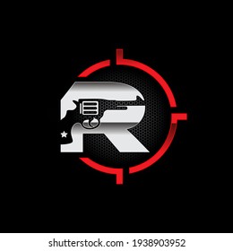 A Vector Illustration Of Revolver Gun Logo Initial Letter R In Silver And Red Color Combo