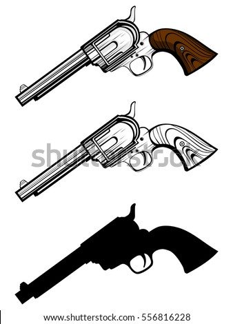 Vector illustration revolvers set. Color, black and white and silhouette pistols.