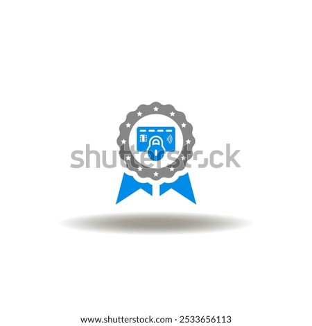 Vector illustration of reward or stamp with payment card and lock. Symbol of PCI DSS Payment Card Industry Data Security Standard. Icon of secure payment standard control.