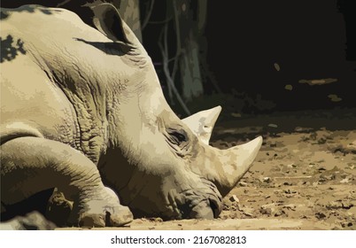 Vector illustration of a rhino. Rhino resting on clay ground. Side view. Giant, dangerous, african animal, africa.