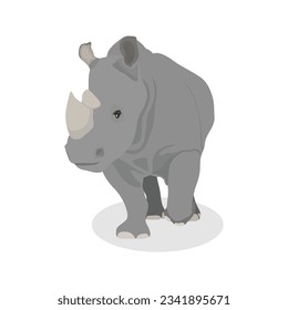 Vector illustration of rhino, rhinoceros standing side and front view isolated on white background, africa and asia rhino endangered big fauna