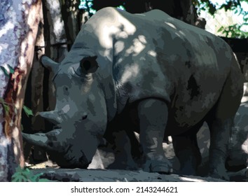 Vector illustration of a rhino standing near a tree. Wild animal in the zoo enclosure. Two-horned rhino.