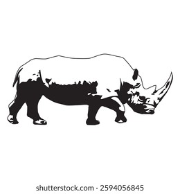 Vector illustration of rhinoceros animal, herbivorous animal types, on white background