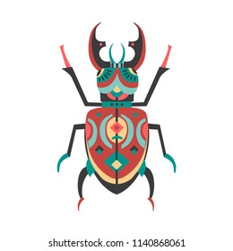 Vector illustration of rhinoceros beetle decorated with ethnic patterns.