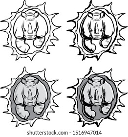 vector illustration of a rhinoceros coming out of a paper page or wall by tearing it apart rendered in four versions in color and black and white