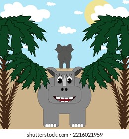 Vector illustration with rhinoceros and elephant in african jungles with palm tree, blue sky, white clouds, sun and sand. Summer picture with exotic animal.