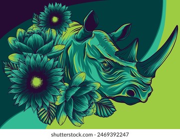 vector illustration of Rhinoceros and flowers design