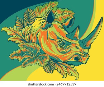 vector illustration of rhinoceros head with leaves