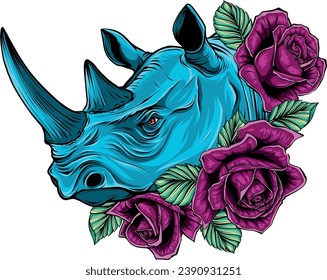 vector illustration of rhinoceros head with roses