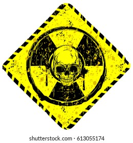 Vector illustration rhombic grunge yellow symbol radiation to skull with lettering danger