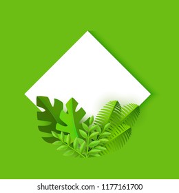 Vector illustration of rhombus shape with fresh leaves and copy space isolated on green background - floral decorative element with tropical plant foliage for natural and seasonal design.