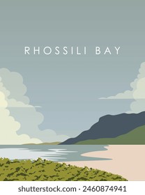 Vector illustration. Rhossili Bay Gower. Wall poster, banner, postcard, cover. Poster design. Tourism, travel. Modern design.