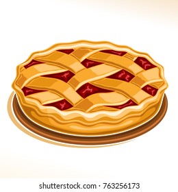 Vector illustration of Rhubarb Pie, homemade fresh confectionery with fruit filling on dish isolated on white background, traditional rustic pie dessert with lattice of dough for thanksgiving holiday