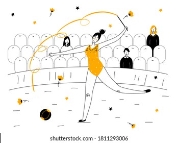 
Vector illustration. Rhythmic gymnast in the arena in front of the audience. 
Sport competitions.