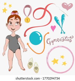 vector illustration, rhythmic gymnastics, painted character, individual objects of gynastics, child.