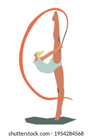 Vector illustration of rhythmic gymnastics. Woman with ribbon. Cartoon charcater.