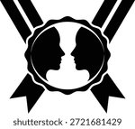 Vector illustration of a ribbon badge containing two human face profiles looking at each other representing agreement, partnership, diplomacy, and certified relationship isolated on white