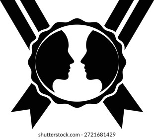 Ilustración vectorial de una insignia de cinta que contiene dos perfiles de cara humana mirándose uno al otro que representan el Acuerdo, la sociedad, la diplomacia y la relación certificada aislados en blanco