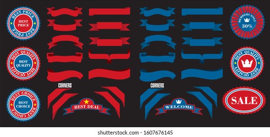 Vector illustration, ribbon and badges in red and blue colors. Grouped objects and easy to pick. EPS10.