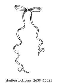 Vector illustration of Ribbon Bow with curled ends in vintage engraving style. Etched drawing for baby shower greeting cards or party invitations painted by black inks. Outline engraving for celebrate