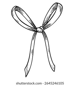 Vector illustration of Ribbon bow drawn in black and white engraving style. Etched drawing for wedding invitations, packaging or baby shower invitations. Engraving for vintage design projects.