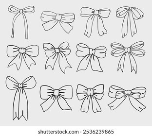 Vector illustration of ribbon bows in hand-drawn line art style, isolated on a white background. Perfect for design projects and digital prints, offering an elegant and creative touch.
